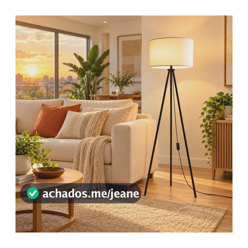 Luminária Tripé Jayden de Chão com Cúpula Off-White e Base de Metal Preto, 148 cm