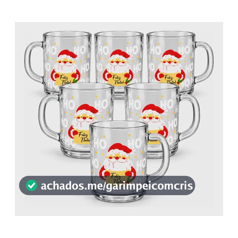 6 Canecas Natalinas Lembrancinhas Vidro Presente Feliz Natal Ho Ho Ho Caneca 250ml