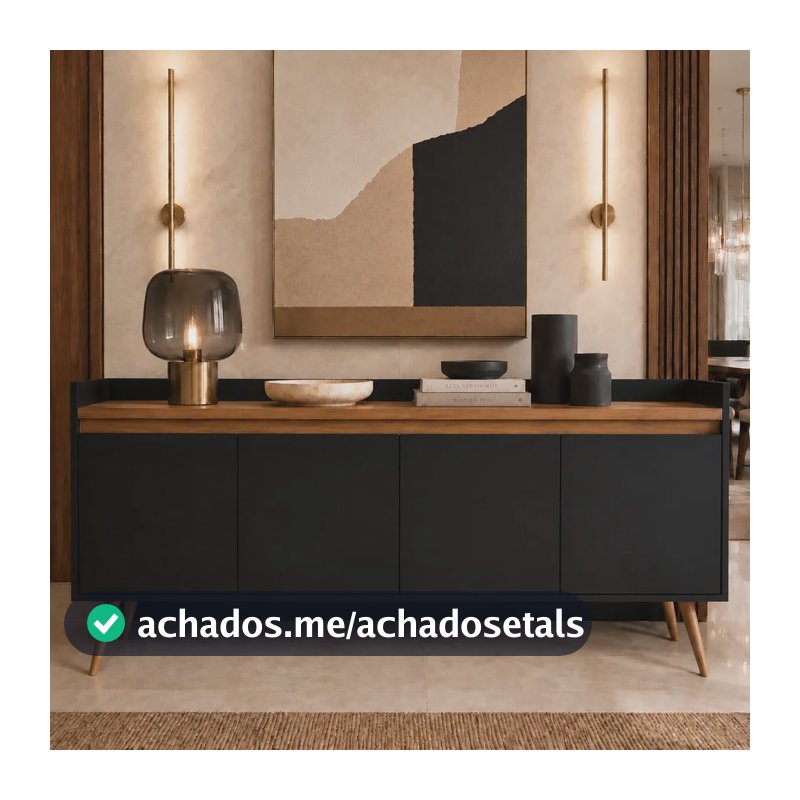 Buffet Aparador Sala De Jantar Móveis Primus Gold 4 Portas Preto Mel 160cm MDP Com Pés Madeira Maciça E Prateleira