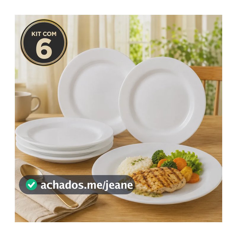 Jogo Kit 6 Pratos Rasos Lisos Branco Vidro Opalino 25cm Refeição Jantar Almoço Mesa Posta Restaurante Cozinha Resistente Elegante Luxo Sólar