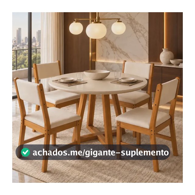 Sala de Jantar Mesa Redonda Valentina Off White Nature com 4 Cadeiras Lugano Freijó Marfim Estofadas Suede Sala Cozinha Moderna
