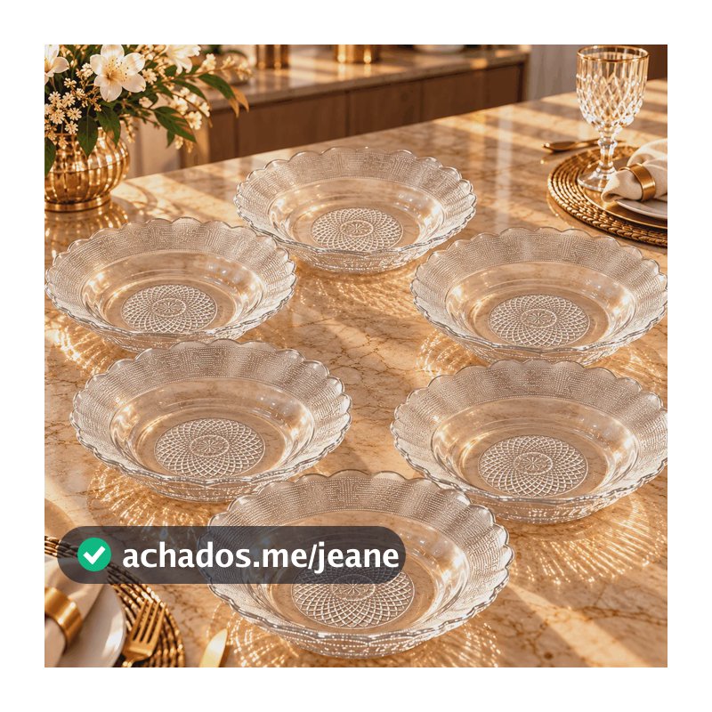 Jogo 6 Pratos Fundos Vidro Dumiat Estrela Egípcio 22cm Transparente Florido