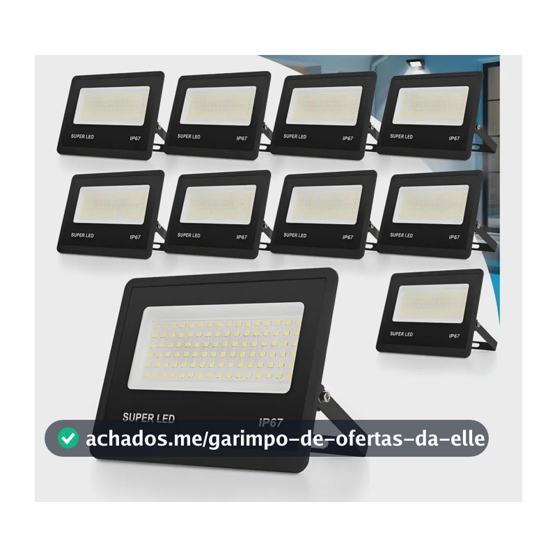 Kit 10 Refletor Led 300w Holofote Bivolt Ip67 Externas 6500k 127/220v Preto Branco-frio