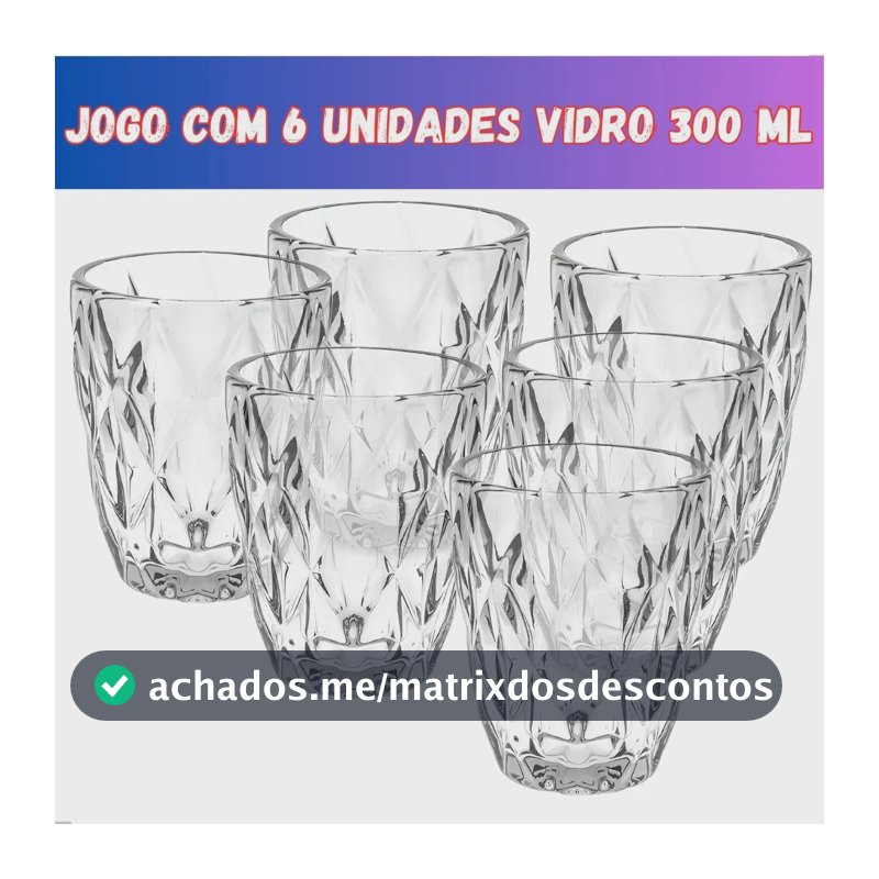 Jogo 6 Copos Vidro Diamante Grosso Resistente Agua 300ml Branco Ms Variedades