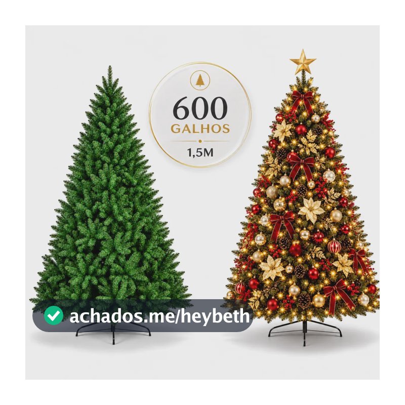 Arvore Natal 1,5 Metros 600 Galhos Volumosa Pinheiro Natalino Verde Base de Metal Reforçada e Resistente