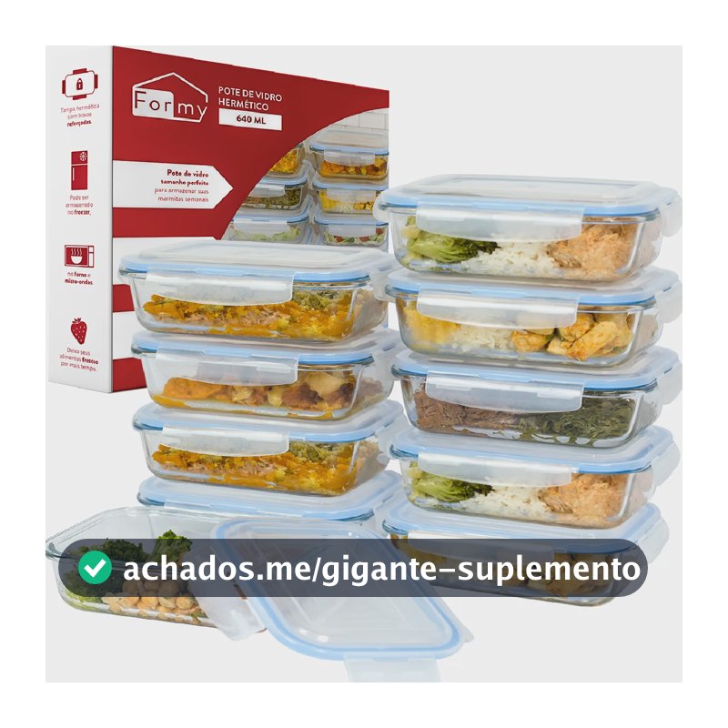 Kit 10 Potes Vidro Hermético 640ml Marmita Fitness Freezer Transparente