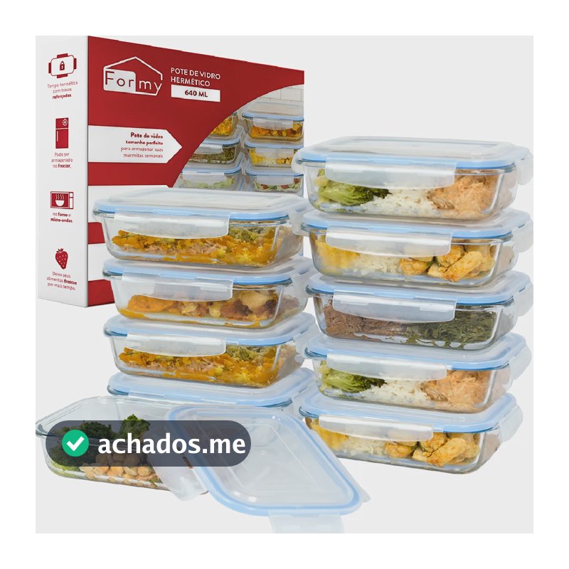 Kit 10 Potes Vidro Hermético 640ml Marmita Fitness Freezer Transparente
