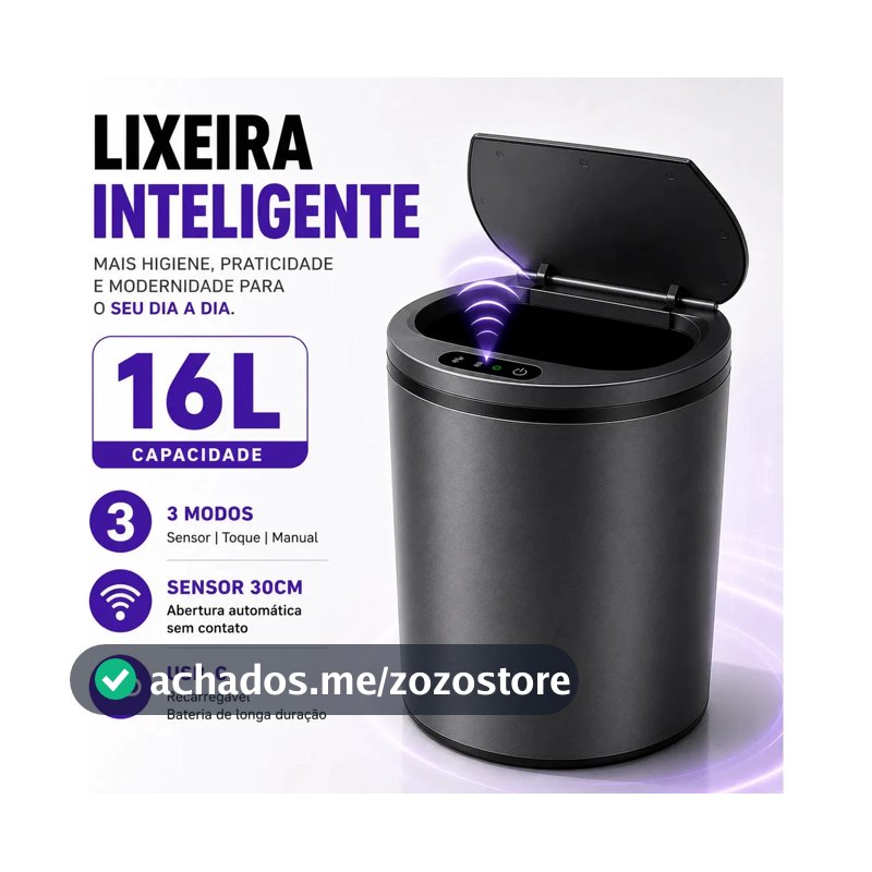 Lixeira Inteligente 16L Com Sensor Automático USB-C Para Cozinha Banheiro Cinza