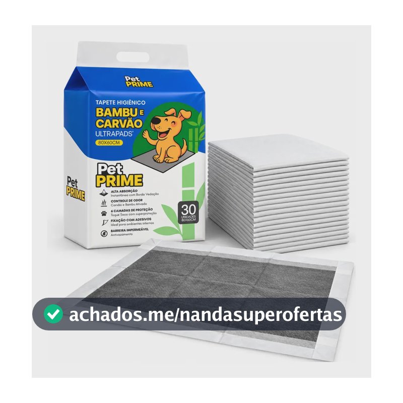 Tapete Higiênico Para Cães 80x60cm, Kit com 30 Unidades e 6 Camadas de Carvão Ativo
