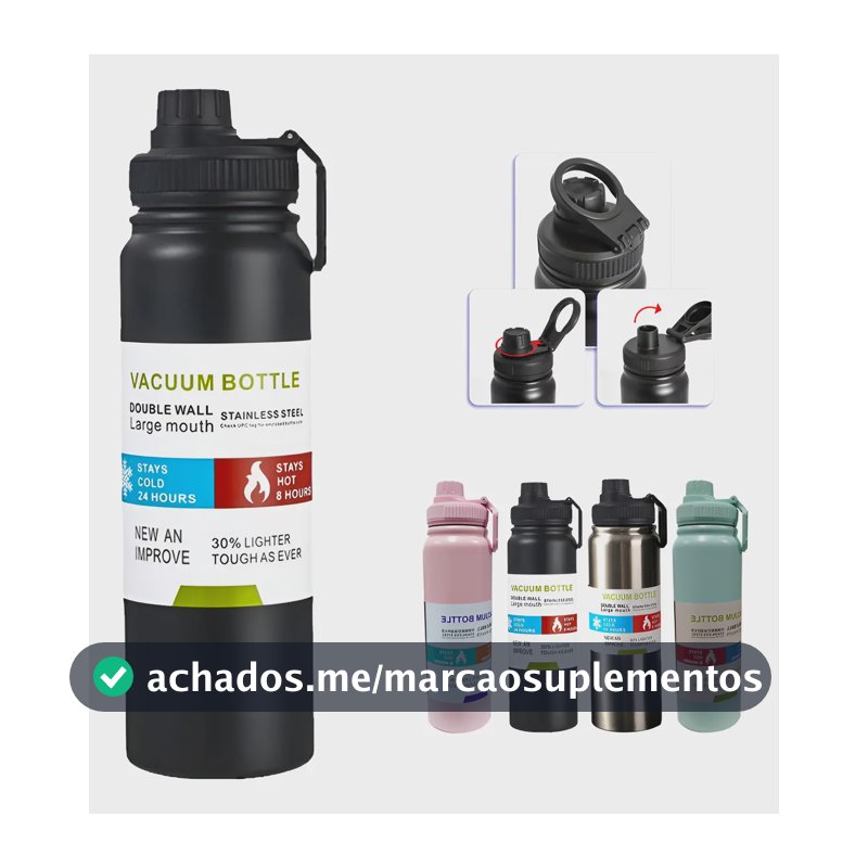 800mlgarrafa Térmica Água Squeeze Inox Academiaquente E Frio Preto