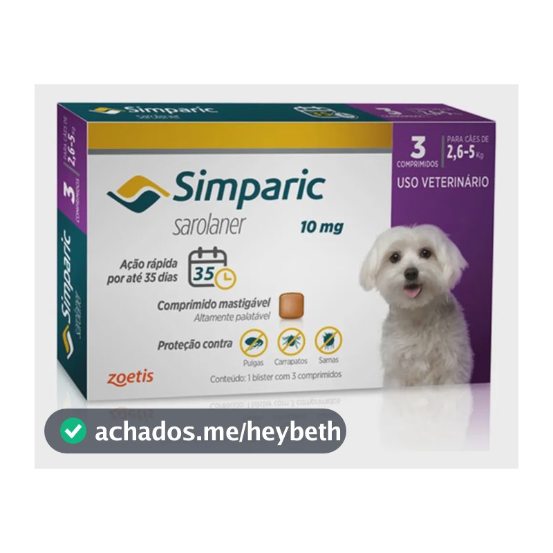 Simparic 10mg C/ 3 Comprimidos Para Cães 2,6kg A 5kg Proteção Completa Antipulgas E Carrapatos