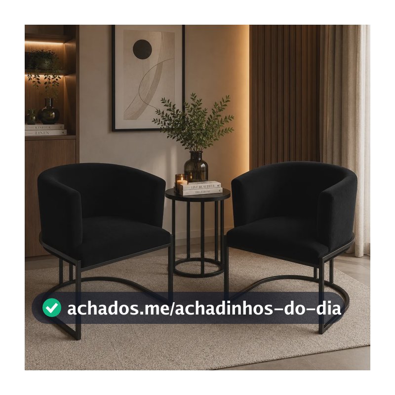 Kit 2 Poltronas Luxo Ferro Veludo Sala Luxousa Base Preto Preto Liso