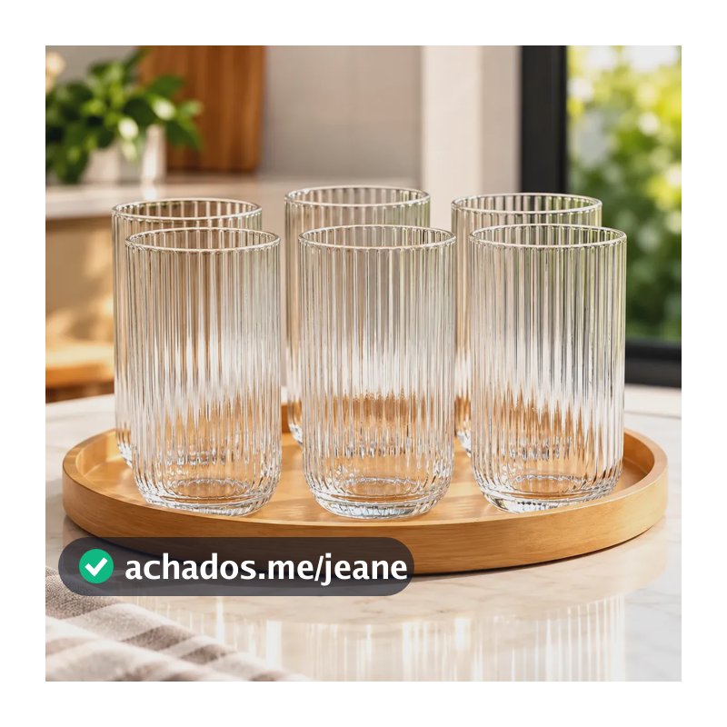 Jogo 6 Copos De Vidro Canelado Transparente 450ml Conjunto Elegante Agua Sucos Drinks Chá Café Mesa Posta Natal Luxo