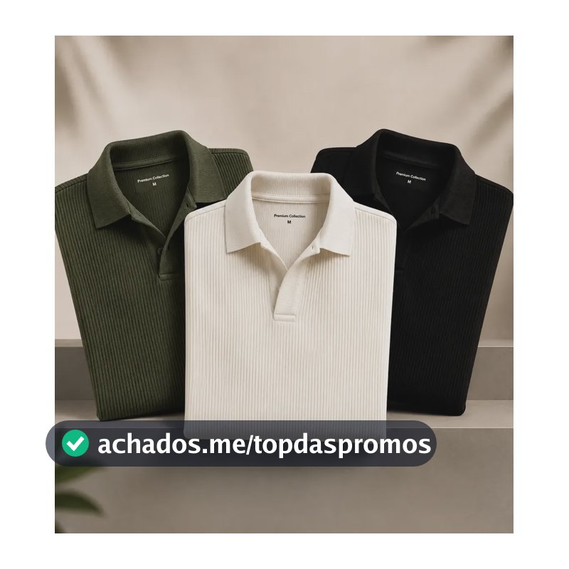 Kit Camisa Polo Masculina Canelada Gola Italiana Sem Botao Kit 3 - Verde Militar / Off / Preto G