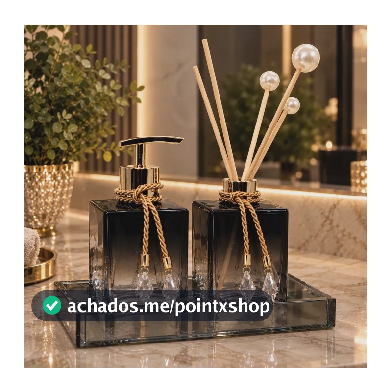 Kit Lavabo Dourado Para Banheiro C/ Saboneteira E Álcool Cor Preto Degradê C/ Dourado