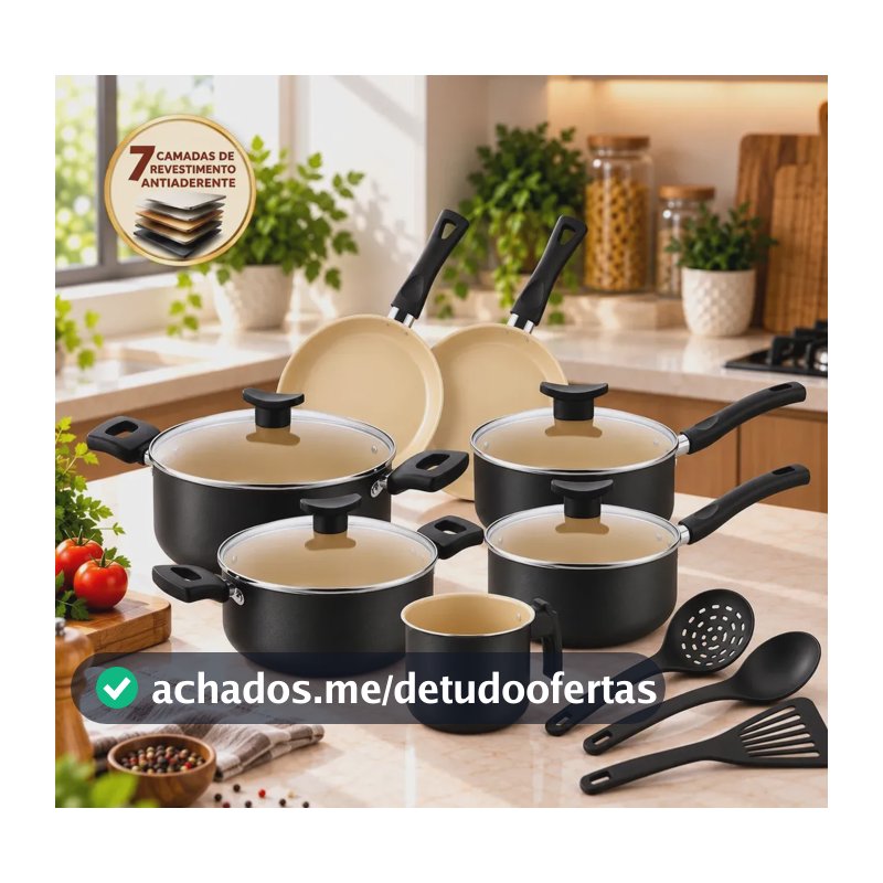 Jogo de Panelas Antiaderente 7 Camadas 10 Peças Kit Cozinha Casa Nova com Tampas de Vidro Caçarolas Frigideiras Retas Fundas Fervedor Leiteira e Utensílios Conjunto Compacto Dia a Dia Preto e Bege
