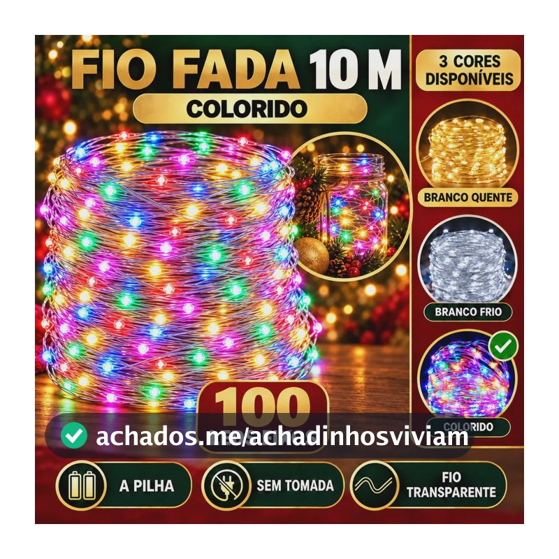 Fio De Fada 100 Leds 10 Metros Ip44 Bateria Cordão Pisca Luzes Festa Decoração Árvore Natal Colorido Luvinco