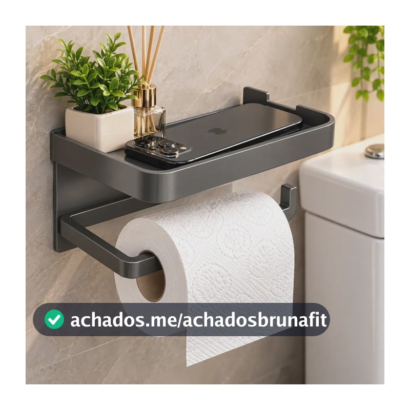 Suporte Porta Papel Higiênico Adesivo Parede Banheiro Com Prateleira Porta Celular Sem Furo Organizador 2 em 1 Cinza