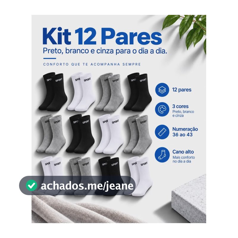 12 Pares De Meias Masculinas Cano Alto Grossa Algodão Oferta Preto/branco/cinza Sport 36/43