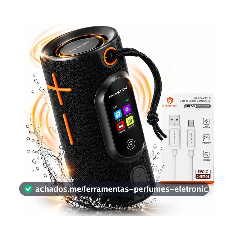 Caixa de Som Bluetooth 5.3 40W RMS com Tela Touch, IPX6, USB, Cartão TF, AUX, Rádio FM, Graves Potentes e Bateria 3600mAh