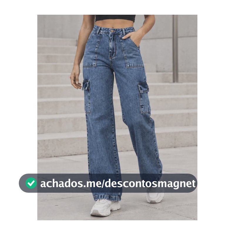Calça Cargo Wide Leg Jeans Feminina Cintura Alta Bolsos Jeans Claro Liso 42