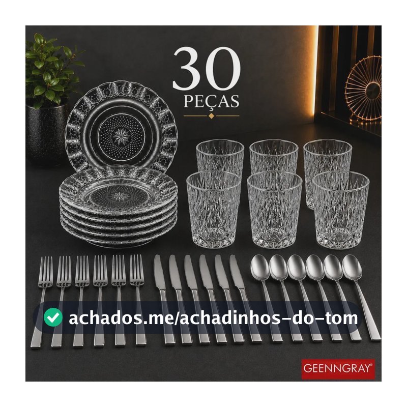 Jogo Kit 30 Peças Aparelho Jantar Completo Pratos Fundos Estrela + Copos Vidro Diamond + Talheres Inox Mesa Posta Geenngray
