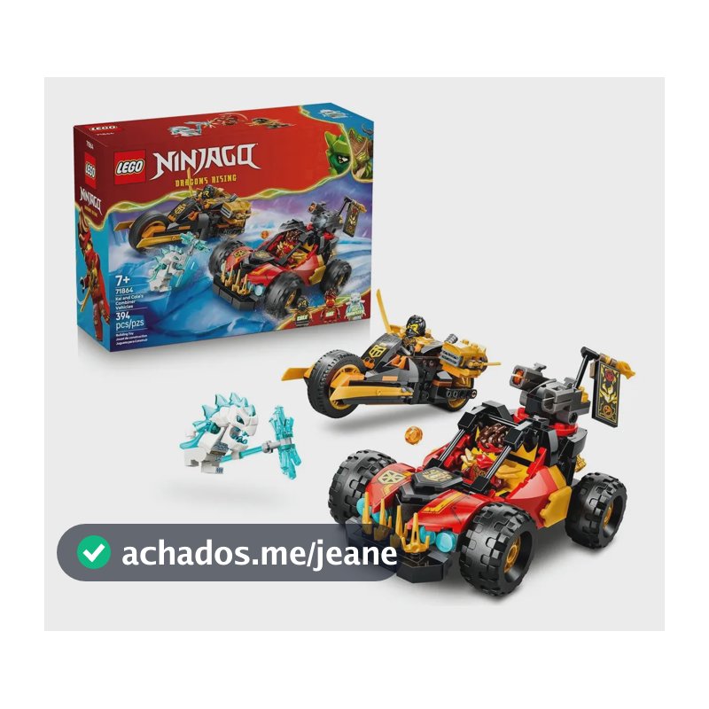 LEGO NINJAGO Veículos Combinados de Kai e Cole 71864; Brinquedo com veículos transformáveis inclui um buggy de corrida off-road com um disparador, uma motocicleta e 3 minifiguras; 7+