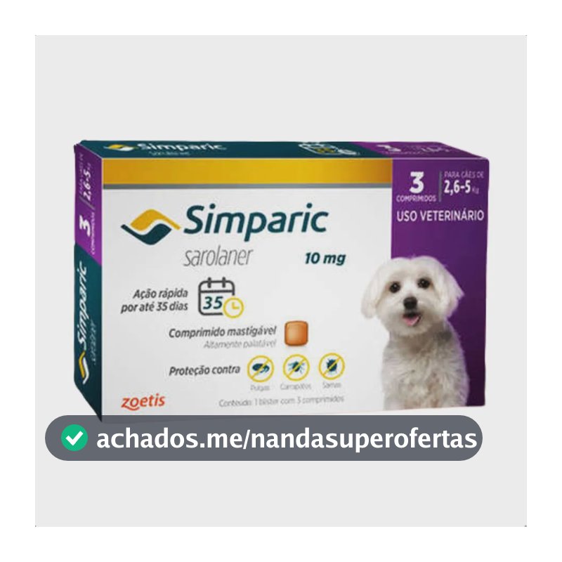 Zoetis Simparic sarolaner 10mg Com 3 Comprimidos Para Cães De 2,6kg A 5kg Roxo