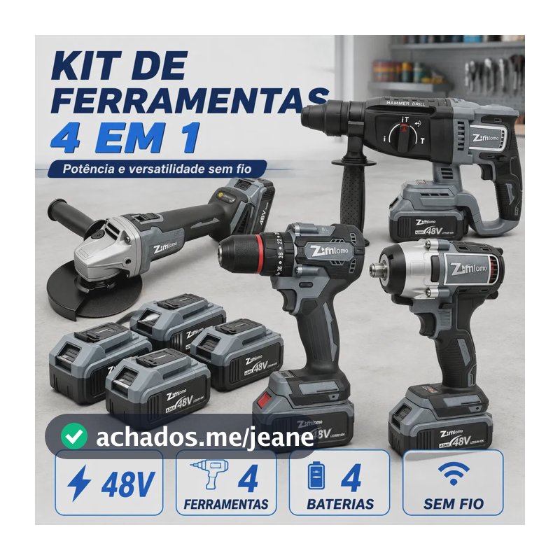 Kit Multi Ferramentas Brushless 4 Em 1 Sem Fio: Furadeira, Chave De Impacto, Martelete E Esmerilhadeira Com 4 Baterias