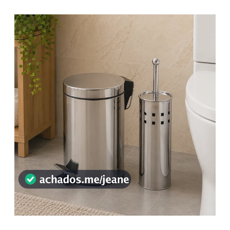 Kit Lixeira e Escova Sanitária Pítia de Aço Inox 5L Com Pedal Para Banheiro