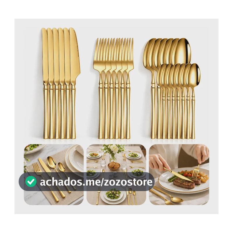 Kit Faqueiro Jogo Talheres Inox 24 Peças Luxo Garfo E Faca Dourado