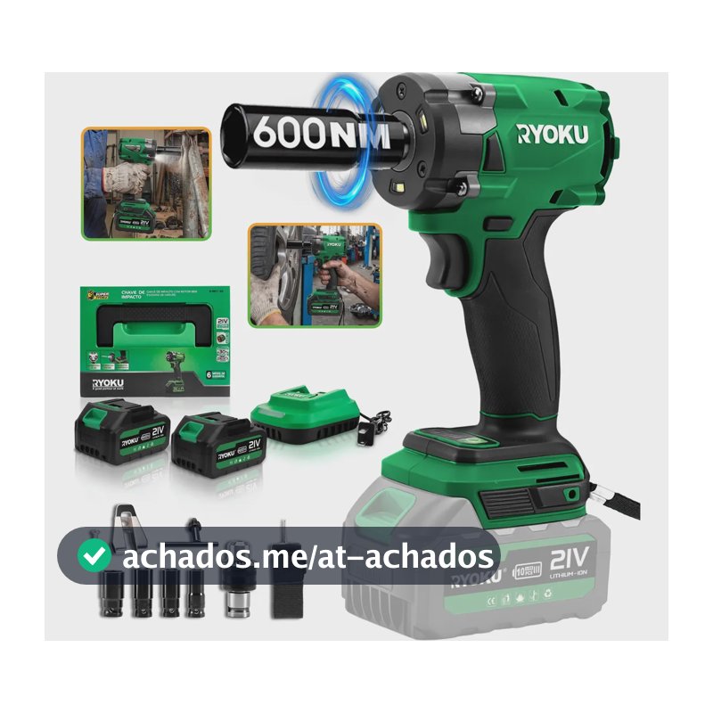Chave De Impacto Brushless 21v 2 Baterias 600nm 1/2  Ryoku Verde 127/220v