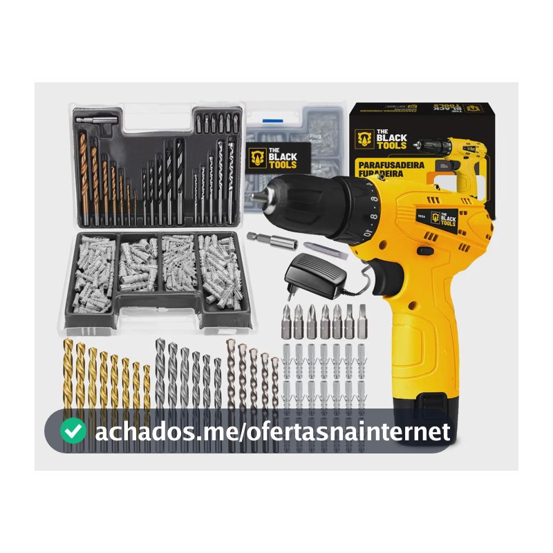 Furadeira Parafusadeira A Bateria 12V 3/8” 10mm Bivolt 350 Rpm The Black Tools + Jogo De Brocas Bits Buchas C/ 300 Peças
