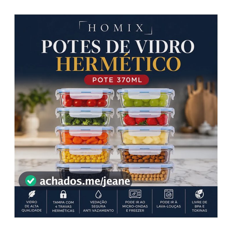 Kit 10 Potes Vidro Hermético 370ml Retangular 4 Travas Marmita Premium Homix
