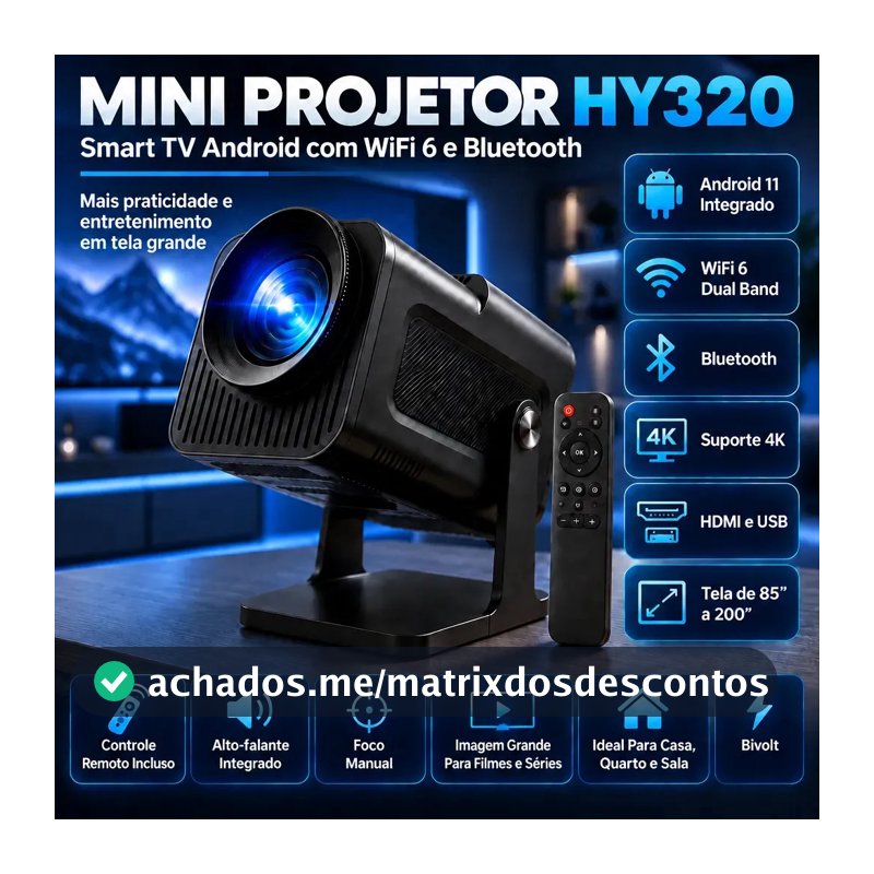 Projetor HY320 Mini Portátil Hardline Smart TV Android WiFi 6 390 ANSI Lumens Full HD Suporte K HMI Bluetooth 85-200 Polegadas Alto Falante Com Controle Remoto Bivolt