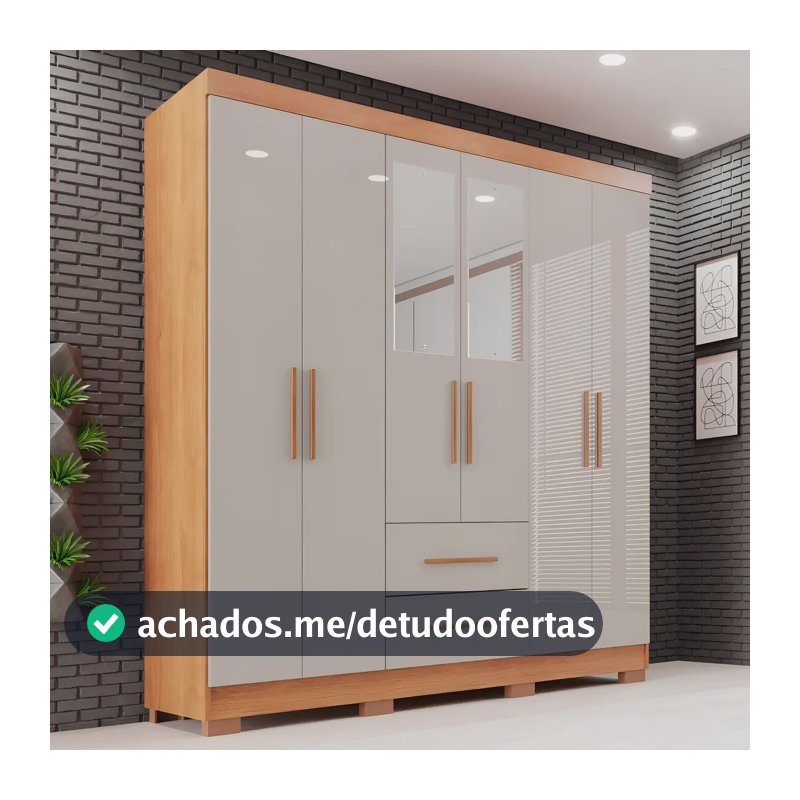 Guarda-roupa Casal com Espelho 6 Portas 2 Gavetas Sallêto Cinamomo/Off White