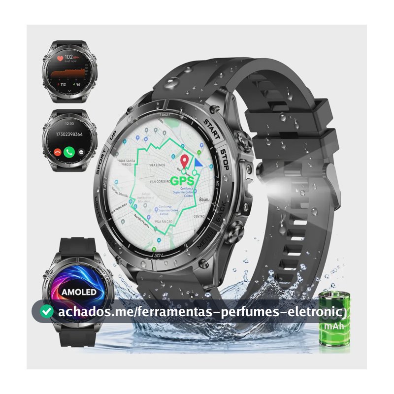 Relógio Inteligente Smartwatch Gps 5atm Amoled Mapas Offline Branco Smartwatch Esportivo À Prova D'água Com Gps Para Aventuras Ao Ar Livre Preto