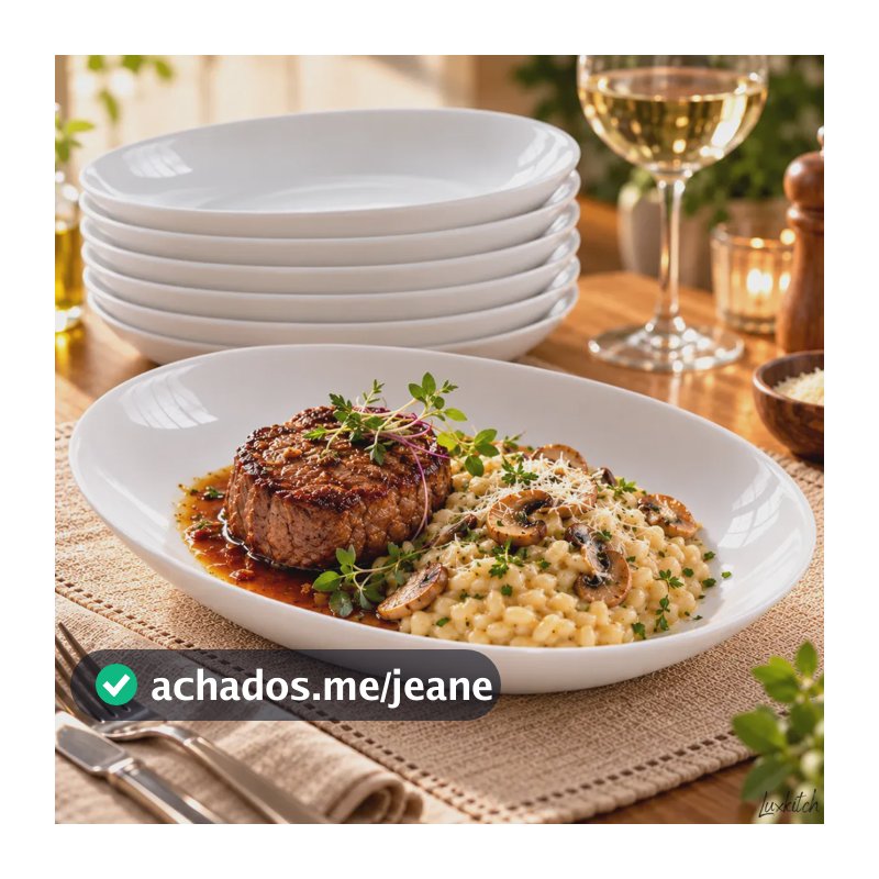 Kit 6 Pratos Fundos Oval 23cm Opalino Branco Côncavo Restaurante Buffet Refeição Steak Mesa Posta Luxkitch