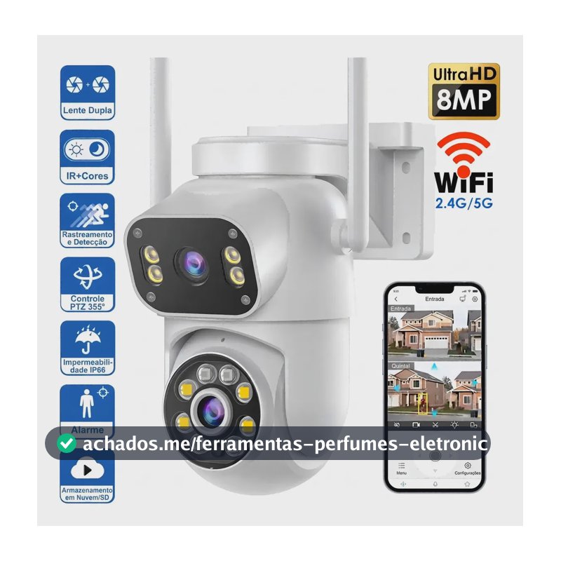 Câmera de vigilância externa Mvpsmart 360° PTZ Wi-Fi 8 MP Full HD - Alarme sonoro/luz, detecção de movimento, visão noturna IP66, áudio bidirecional, armazenamento em cartão SD/na nuvem