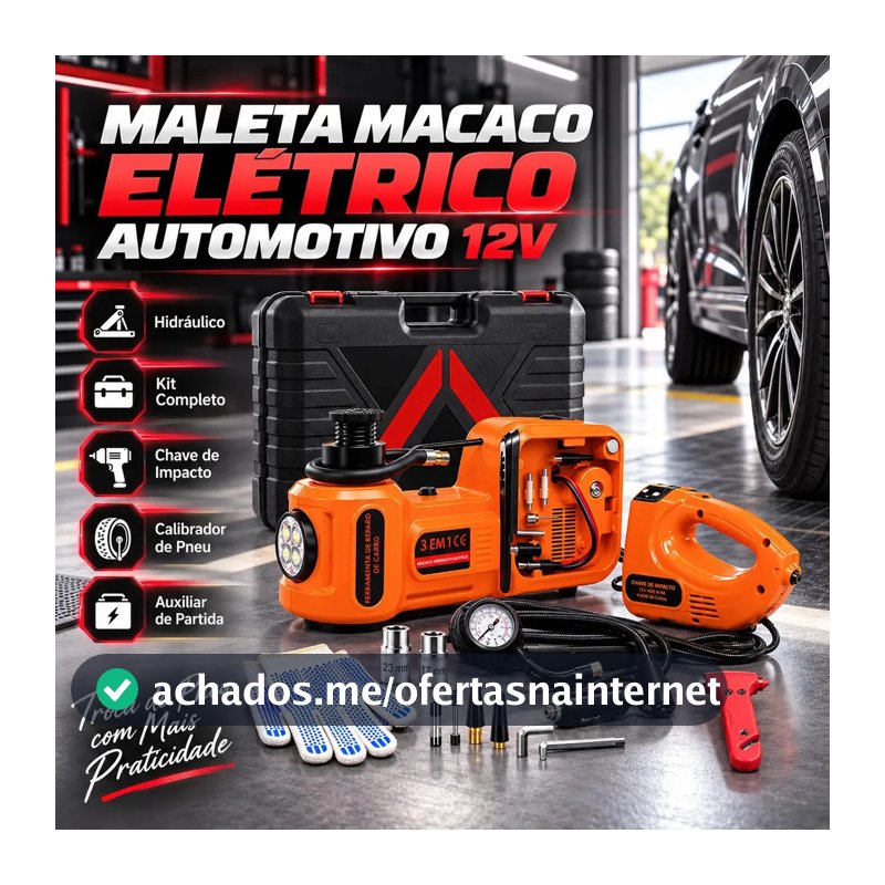 Kit Macaco Hidráulico Automotivo Elétrico 12V Troca Pneu Calibrador E Auxiliar Partida Completo