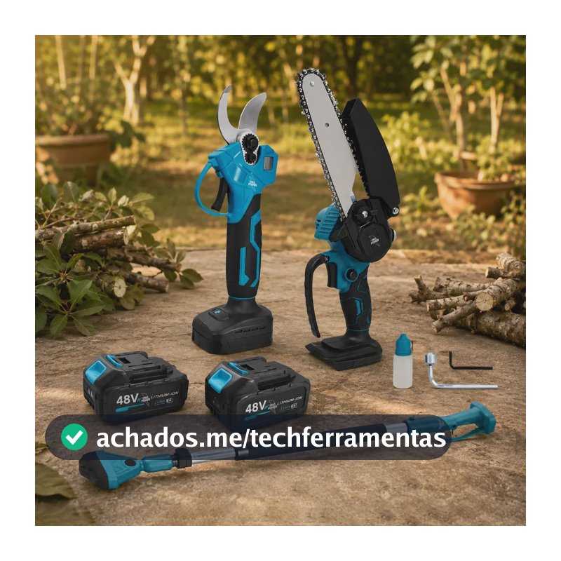 Kit Ferramentas 3 Em 1 Mini Motosserra Tesoura Poda Extensor 180cm 2 Baterias 48V 4.0Ah Sem Fio Carregador Bivolt Jardinagem