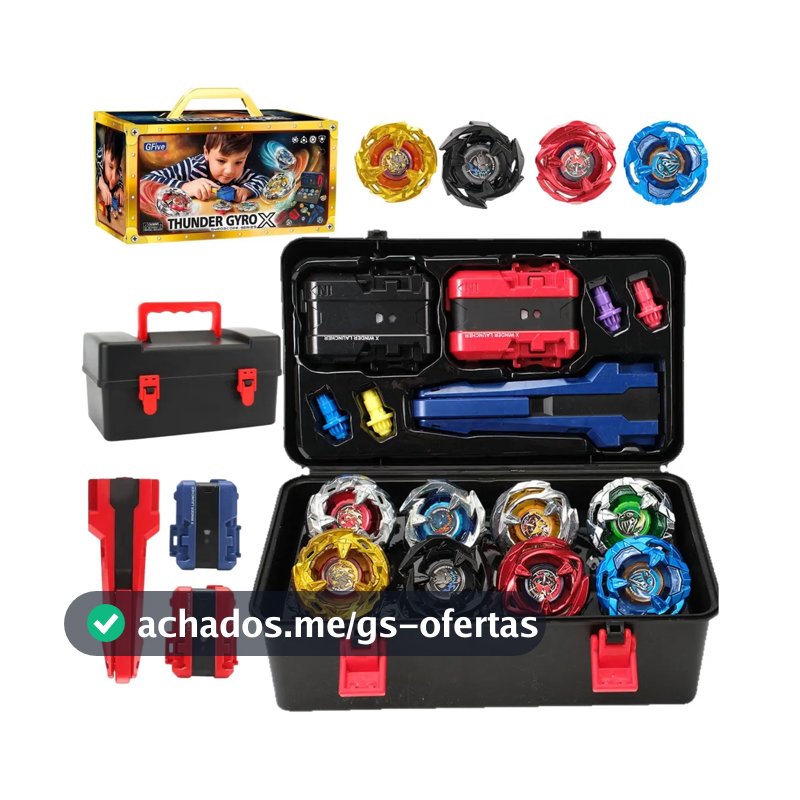 Maleta Kit Completo 8 Pião Blade Thundegyro Batalha Lançador Beiblade