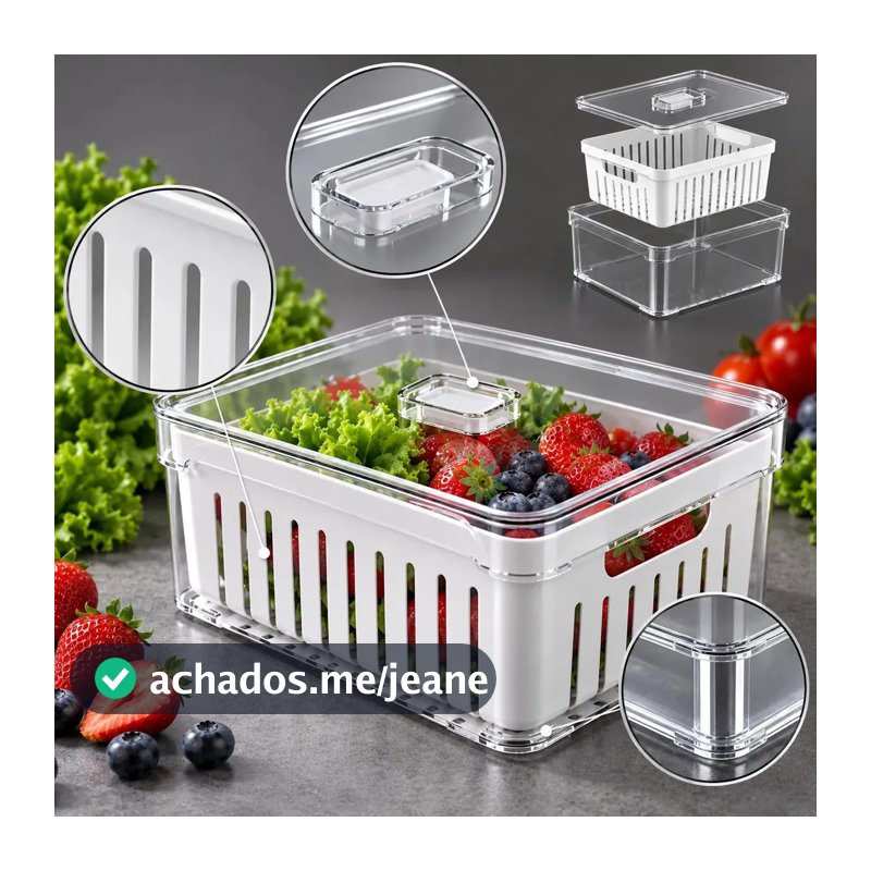 Organizador de Geladeira 2,2L com Cesto de Drenagem Plástico Livre de BPA Tampa com Trava Pote de Acrílico Transparente Ponte Lar Utilidades para Frutas Legumes Verduras Frio Armário Cozinha 1 Unidade