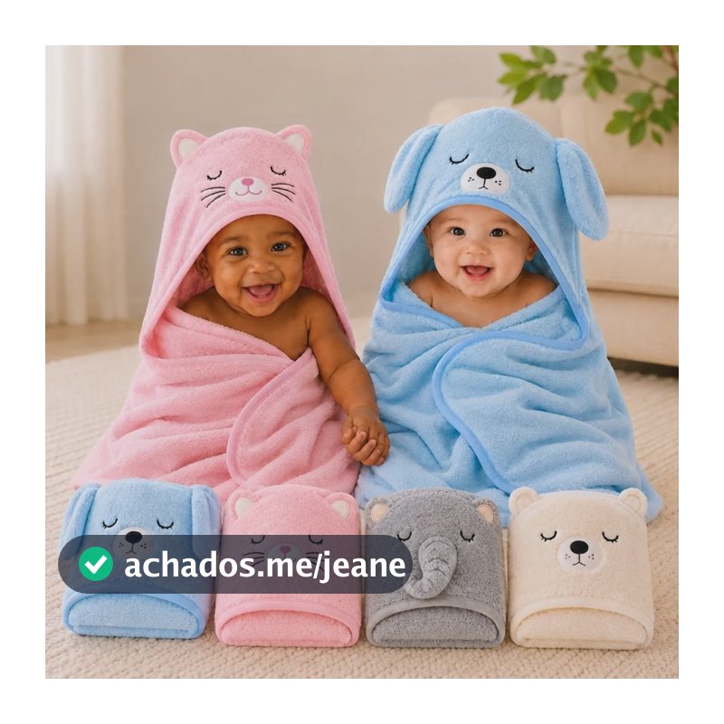 Toalha De Banho Infantil Capuz Para Criança Com Desenho Bege