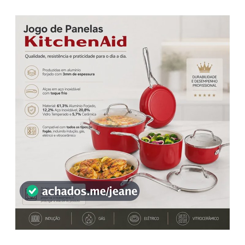 Jogo De Panelas Kitchenaid 8 Peças Antiaderente Ceramica Vermelho