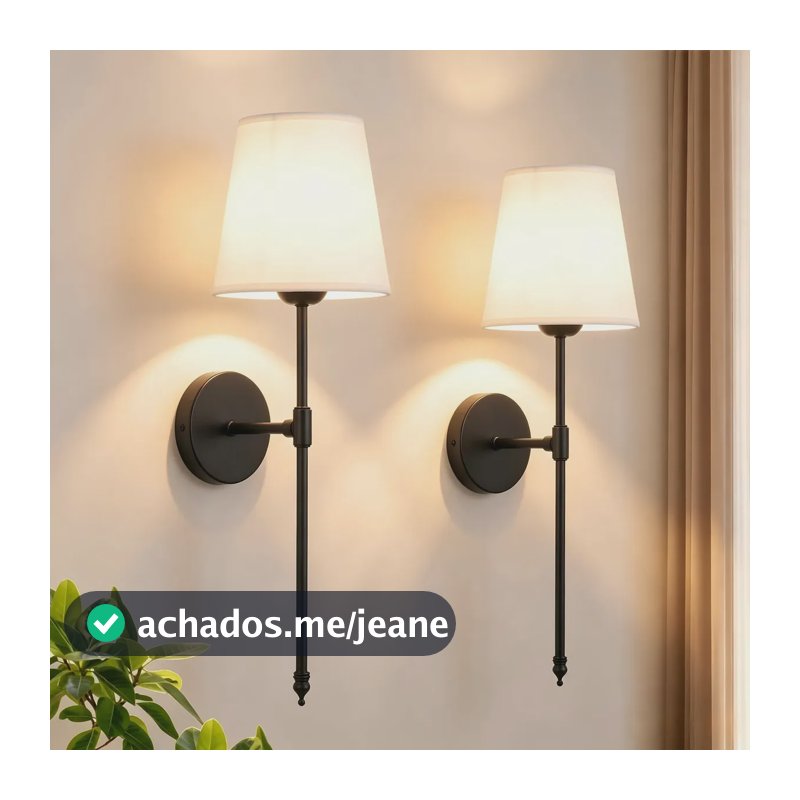 Kit 2 Arandelas de Parede com Cúpula de Tecido Preto para Quarto e Sala, Tieesa