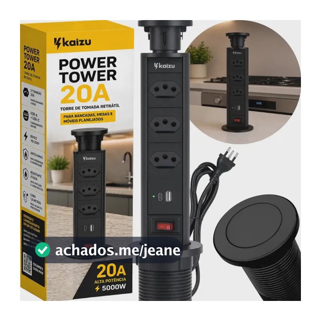 Torre De Tomada 20a Embutir Bancada Mesa Retrátil Inteligente Multiplug Impermeável Kaizu Com 3 Tomadas + Usb + Usb-C Bivolt Preto
