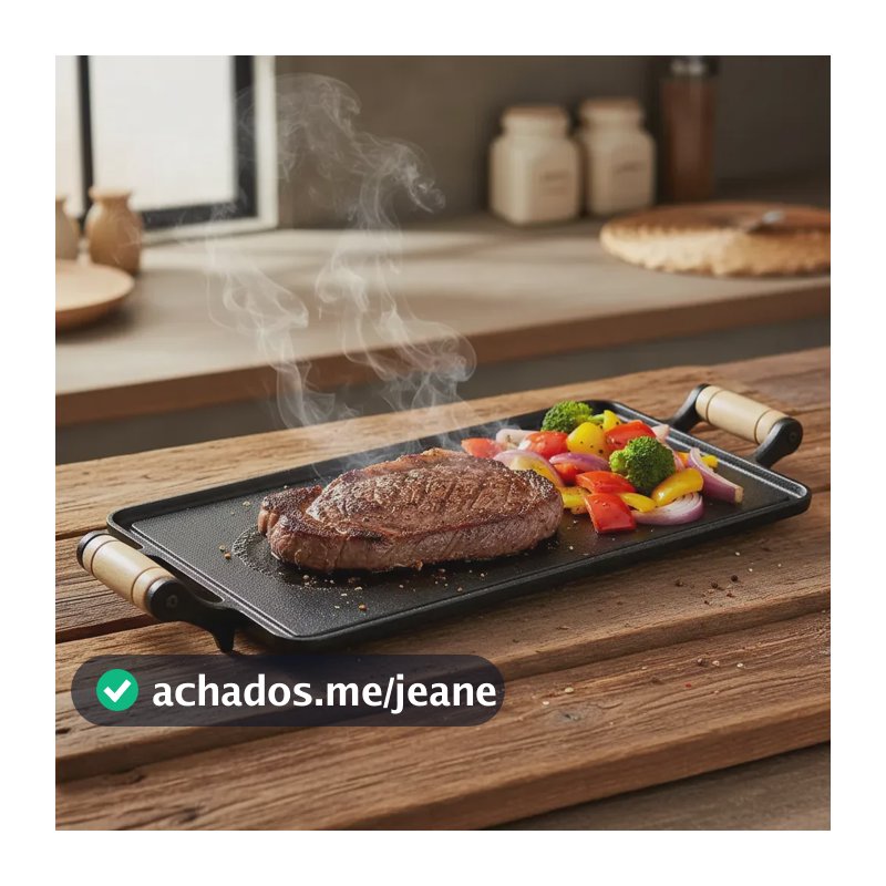 Chapa P Bifeteira Santana De Ferro Grande 2 Alças De Madeira 53x24,5 Para Carnes Bifes Hamburger Qualidade preto