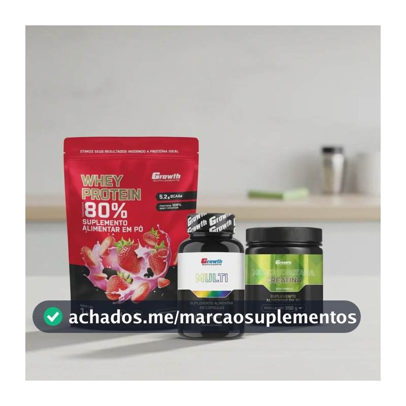 Kit Growth: Whey Protein Morango 1kg + Multivitamínico 120 Cáps + Creatina Monohidratada 250g