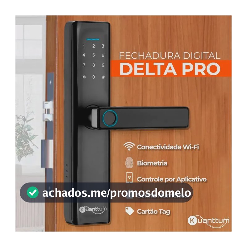 Fechadura Digital Eletrônica Inteligente Kuanttum Delta Pro Wi-Fi Biométrica de Embutir com Maçaneta para Porta de Madeira Senha Cartão Tag RFID Chave App Tuya Abertura Remota Preta